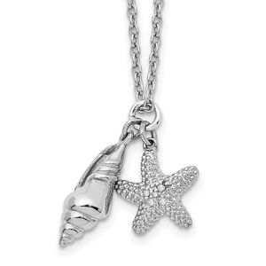 925 Sterling Silver RH 18 Inch Diamond Shell and Starfish Necklace, 2" Ext.